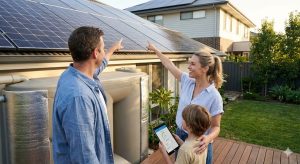 Mikroinstalacja fotowoltaiczna zamontowana na dachu skośnym budynku jednorodzinnego, składająca się z modułów krzemowych.